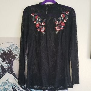 Embroidered Floral Black Lace Top